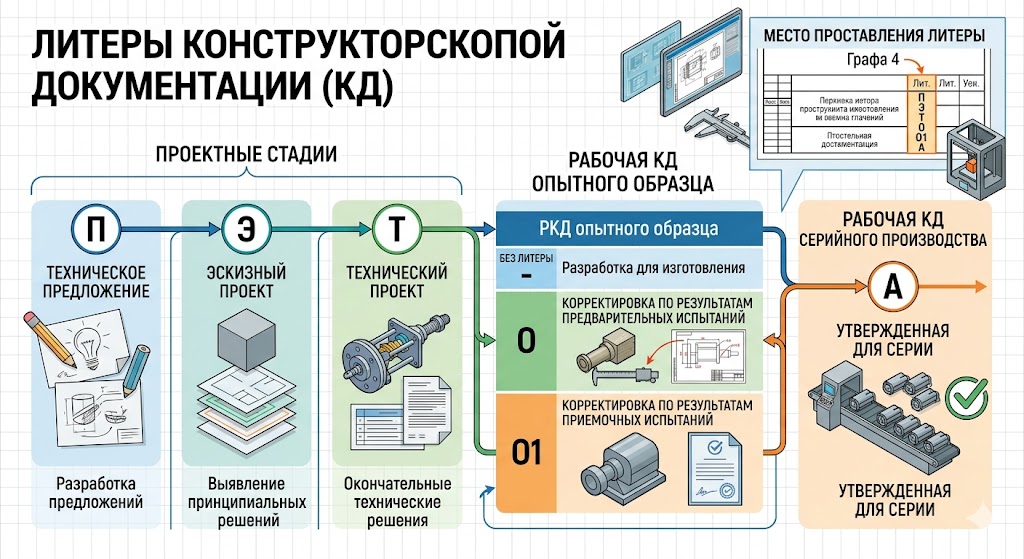 Литеры КД по ЕСКД: О, О1, А, Б, И и стадии разработки